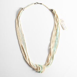 Vintage 1980s Bone Light Aqua Blue Long Necklace | 30" Length